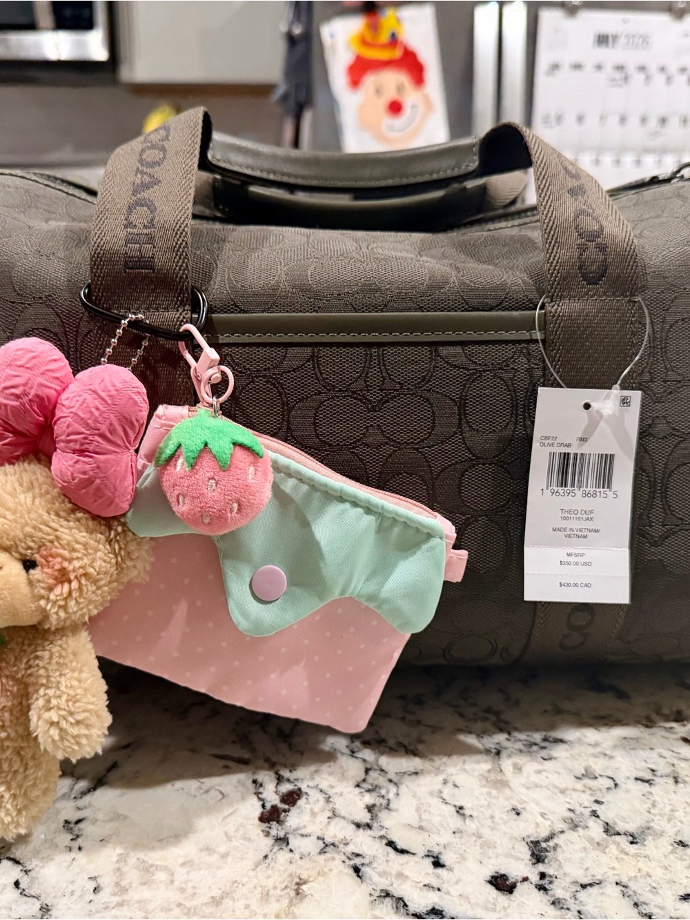 Coach Theo Duffle in Olive Signature with Pink & Mint Strawberry Charm Pouch
